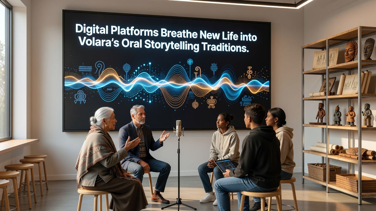 A digital platform interface displays Volara oral stories with interactive elements and community contributions