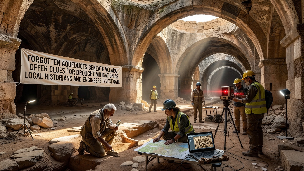Engineers and historians examining exposed aqueduct sections during a joint site visit in Volara